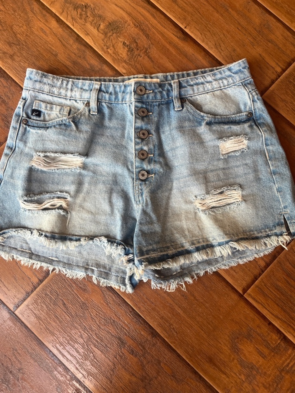 KanCan Light Blue Distressed Button-Front Denim Shorts - Size Large - Picture 1 of 7